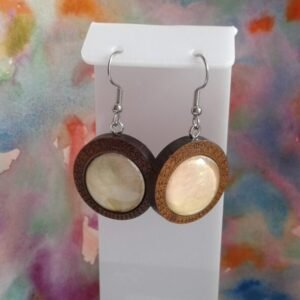 Boucles oreilles pendantes en bois avec cabochons en verre rond aquarelle, crochet acier