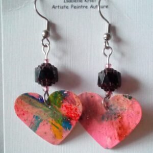 Boucles oreilles pendantes coeurs,perles de verre,crochets acier inoxydable, bijou peint,rouge rose bleu vert,cadeau fete anniversaire noel